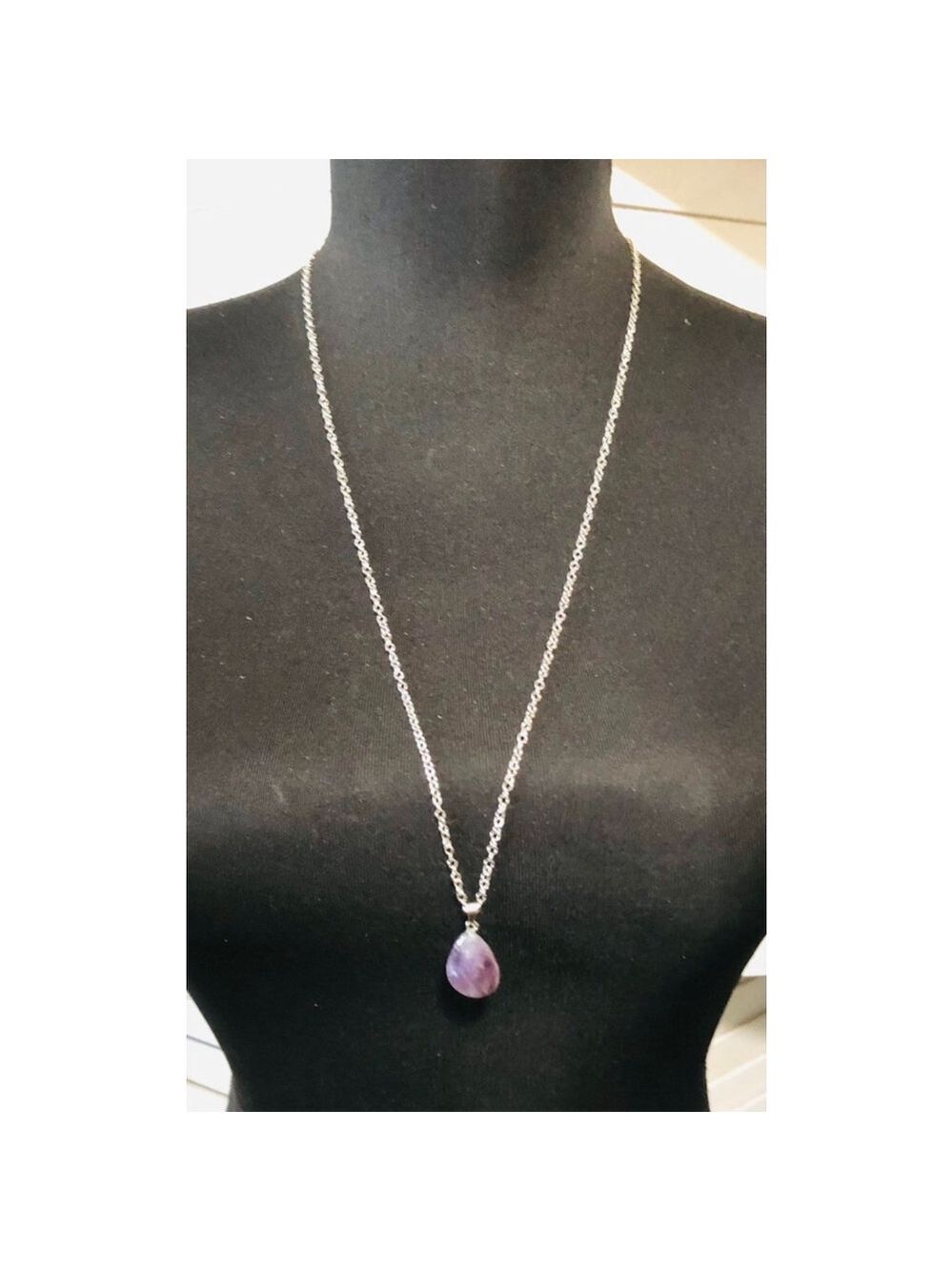 Stone Pendant Necklace Purple Silver Metal Chain Jewelry